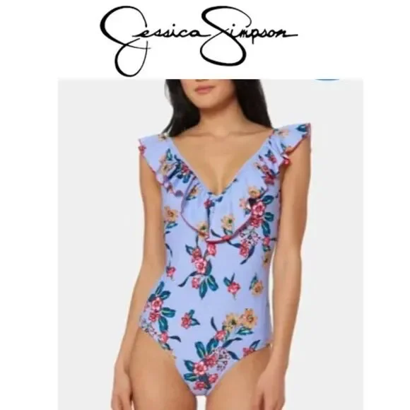Jessica Simpson Garden Girl Frill Shoulder One Piece Swimsuit size large